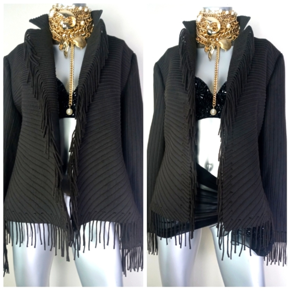 Company Ellen Tracy Open Front Fringe Chocolate Striped Cotton Blend Jacket - Picture 10 of 13